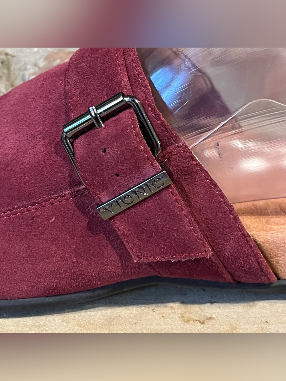 Vionic Tanya Burgundy Suede Slip-On Clogs with Buckle - Picture 4 of 8